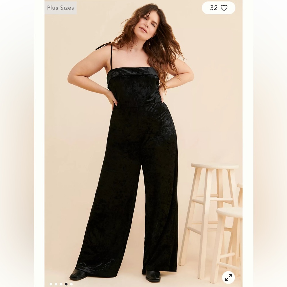 Anthropologie Bellevue Tie Strap Black Crushed Velvet Wide Leg Jumpsuit
